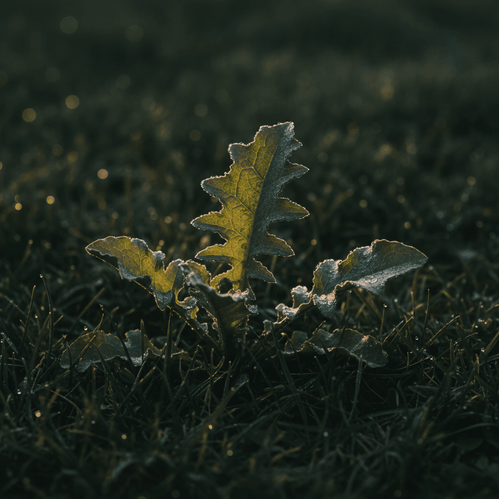 Close-up of broadleaf weeds in a lawn with droplets of dew