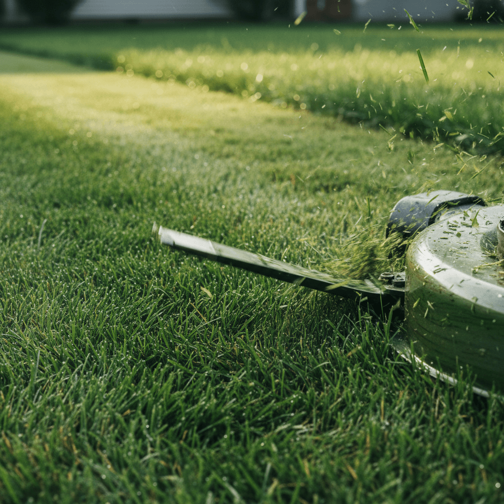 Close-up of a lawnmower blade cutting through thick green grass with morning sunlight