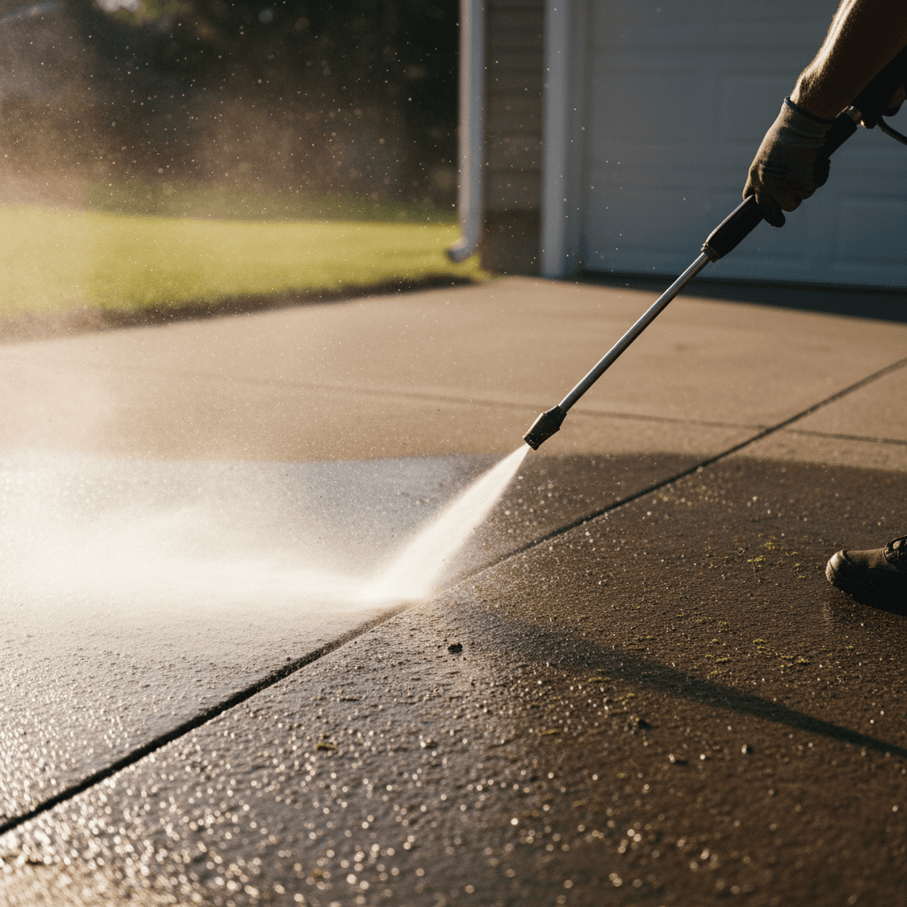 A pressure-washed concrete driveway with a clean line separating washed and unwashed sections