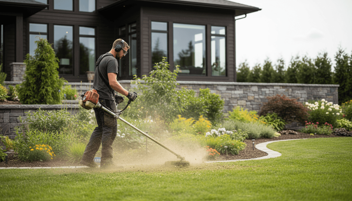 Landscaper actively edging garden bed border with professional string trimmer, maintaining clean lines in residential landscape