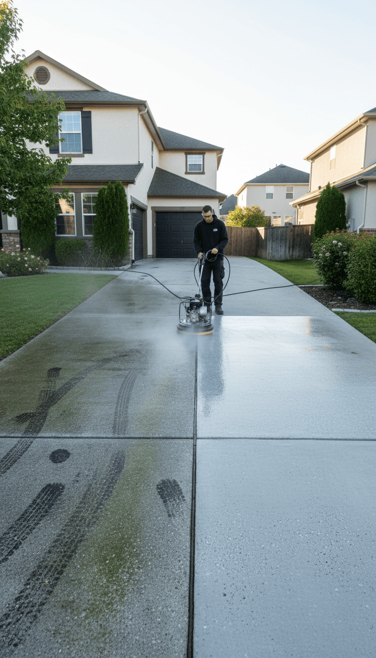 Technician pressure washing residential driveway showing weathered soiled surface on left transitioning to clean restored concrete on right