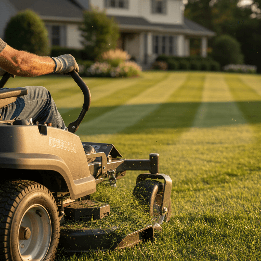 Landscaper's hands operating professional zero-turn mower on striped residential lawn in afternoon sunlight