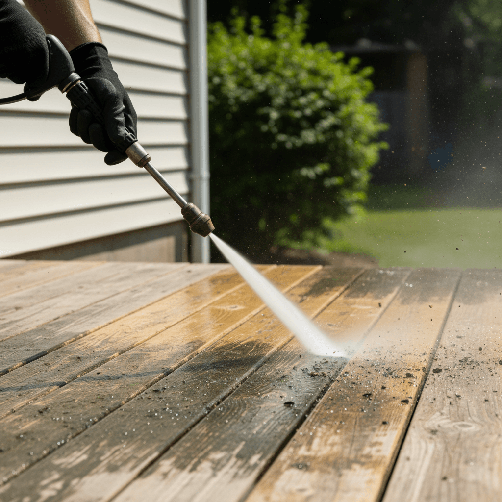 Close-up of high-pressure water stream removing grime and mold from wooden deck boards with visible cleaning transformation and water spray