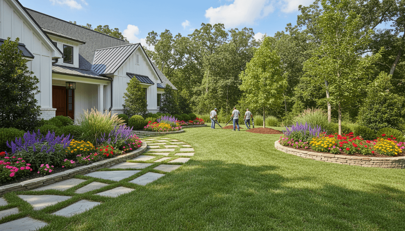 Wide view of professionally landscaped residential property with manicured lawn, flowering plants, stone pathways, and landscaping crew working