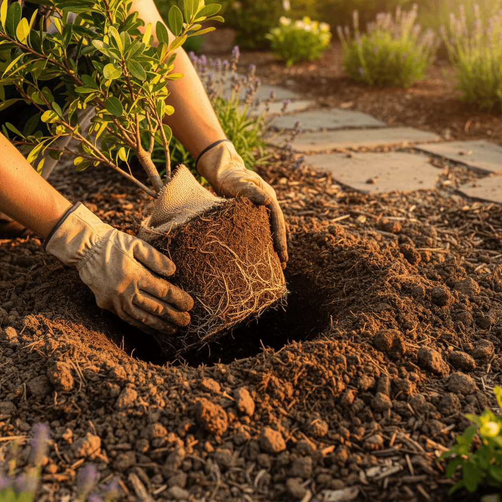 Gloved hands pulling a weed from a garden bed with dark rich soil