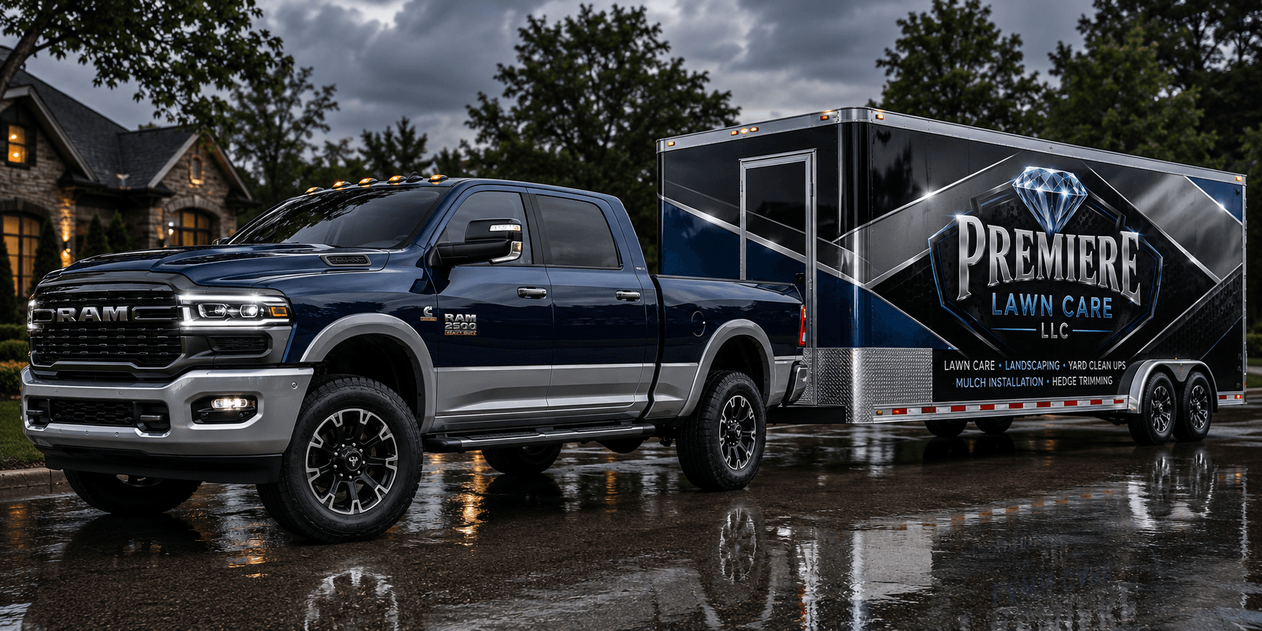 Blue RAM 2500 truck towing a branded Premiere Lawn Care trailer on wet pavement.